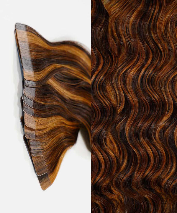 warm mocha lowlights (2/4/6) curly tape in hair extensions by Perfect Locks