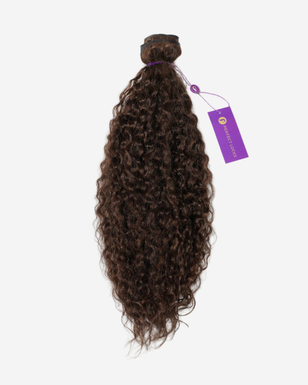 A bundle of dark brown, tightly curled hair extensions is secured with a band, featuring a purple tag and natural texture.
