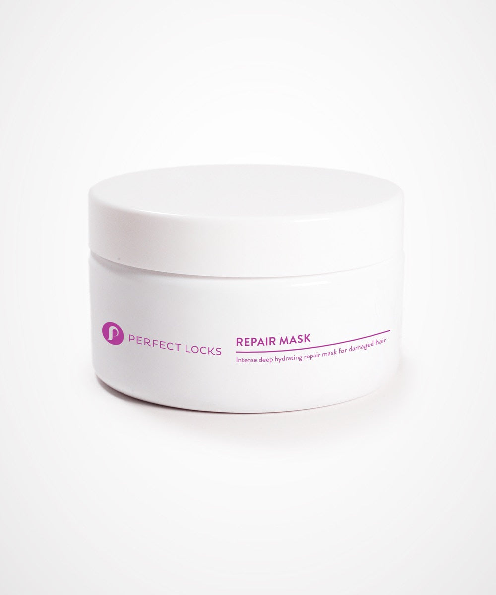 A white round container labeled Perfect Locks Perfect Deep Repair Mask with purple text, for damaged hair and human extensions.