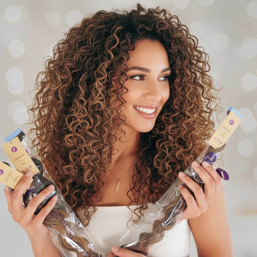 Woman with curly hair holding hair extensions against a blurred background