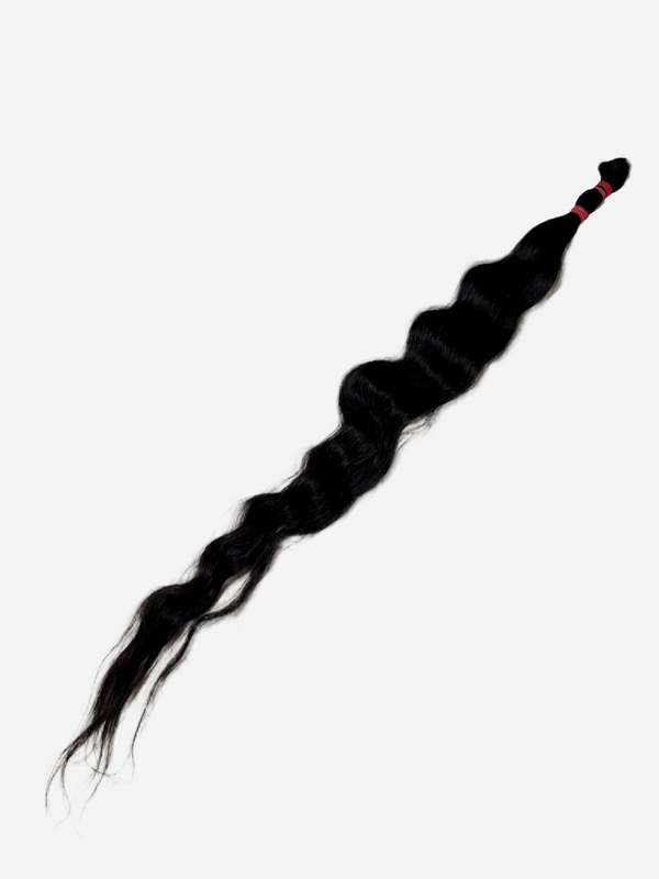 A single long, wavy black hair extension bundle tied at one end with a red band, perfect for adding length and volume.