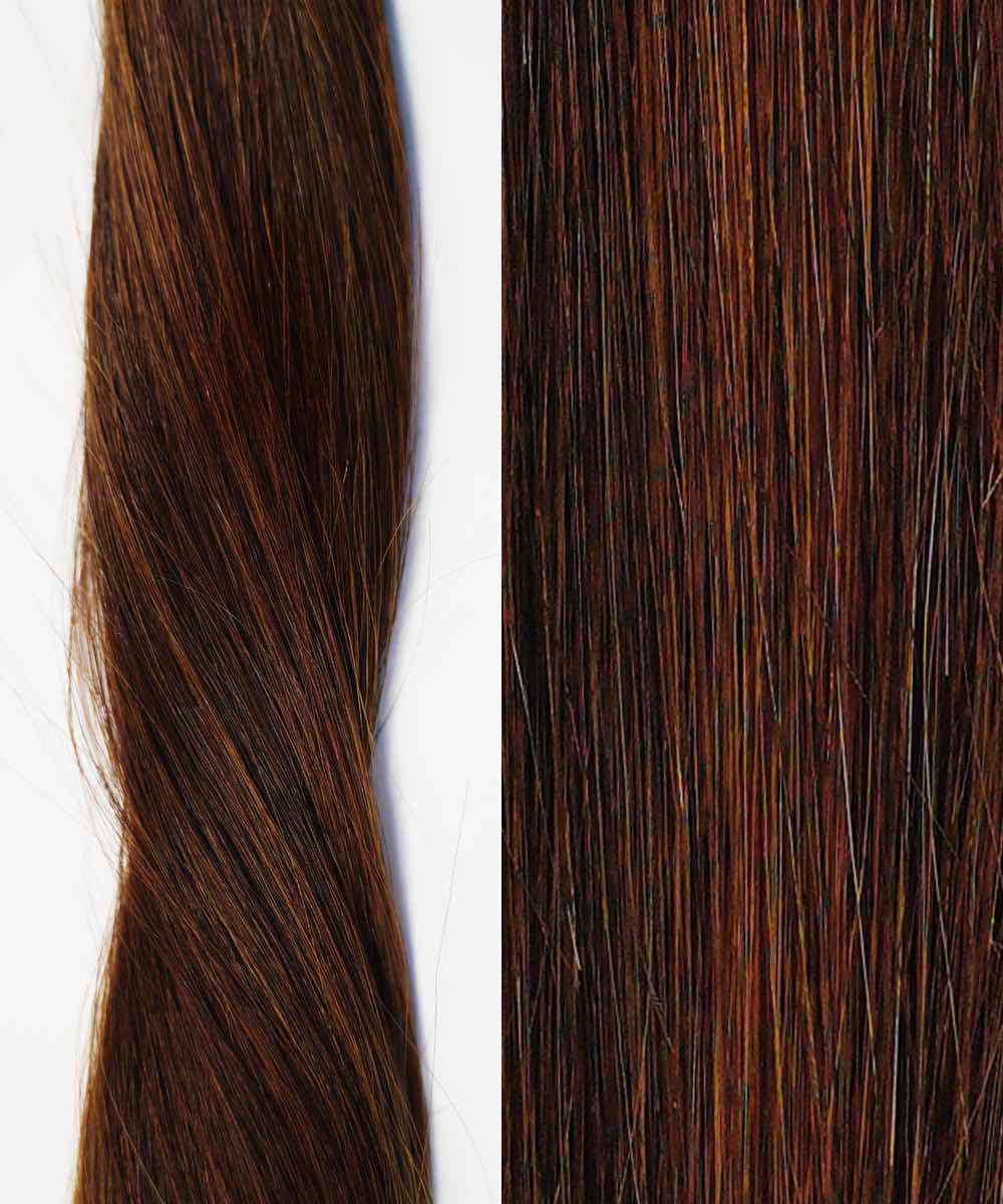 Close-up comparison of Rooted Caramel Blonde (3/12) hair: left, a twisted lock; right, flat strands—ideal for tape-in extensions.#color_highlighted-brown-auburn-(30/31/33)