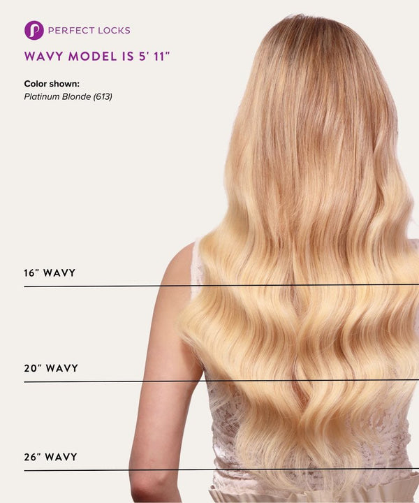 Blonde wig with wavy hair styled on a model, showing different lengths.