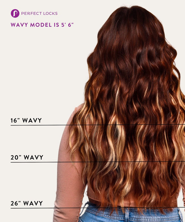 A woman with long, wavy, brown hair and blonde highlights is shown from behind in a Wavy Lace Front Wig. Hair: 16", 20", 26". Model: 5'6".