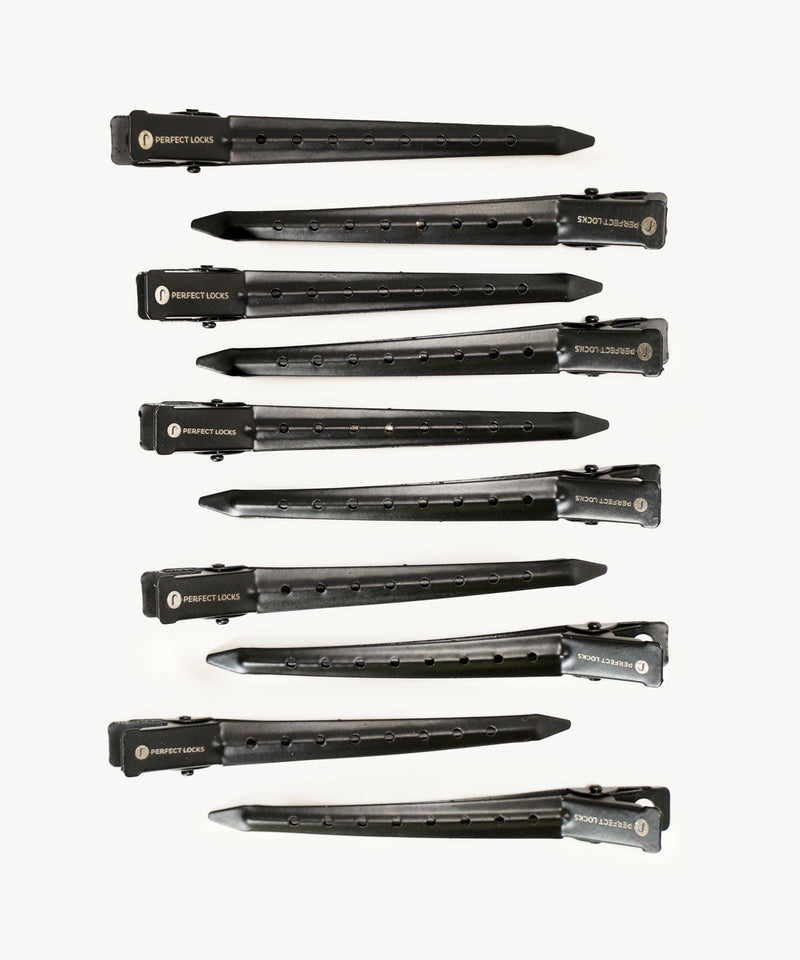 Ten black hair extension clips with PERFECT LOCKS branding are neatly arranged in rows on a white background, showing sleek design and secure grip.