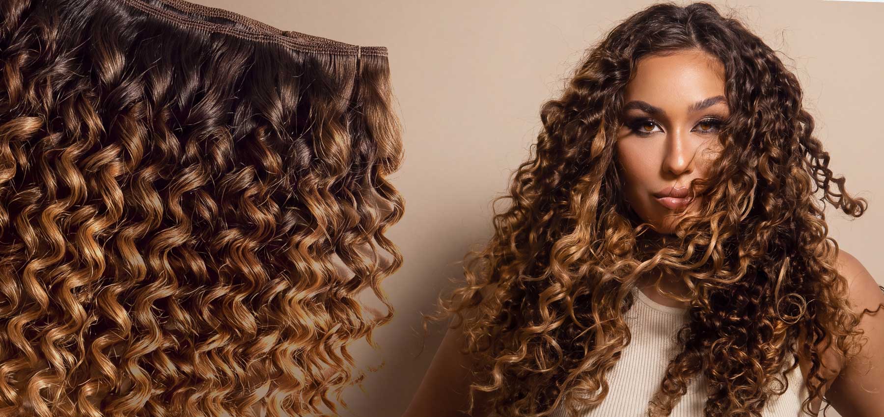 Curly hair extension wefts shown next to a model wearing them, featuring a dark brown to golden blonde ombré color treatment.