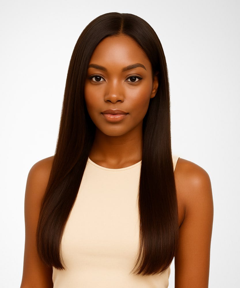 Woman with long straight hair wearing a beige top on a white background