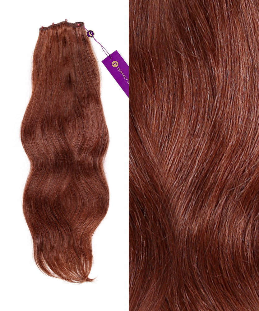 A bundle of dark auburn Perfect Locks Straight Beaded Weft Rows extensions with a purple tag, shown next to a close-up of their smooth, shiny texture and rich color.#color_dark-auburn-(33)
