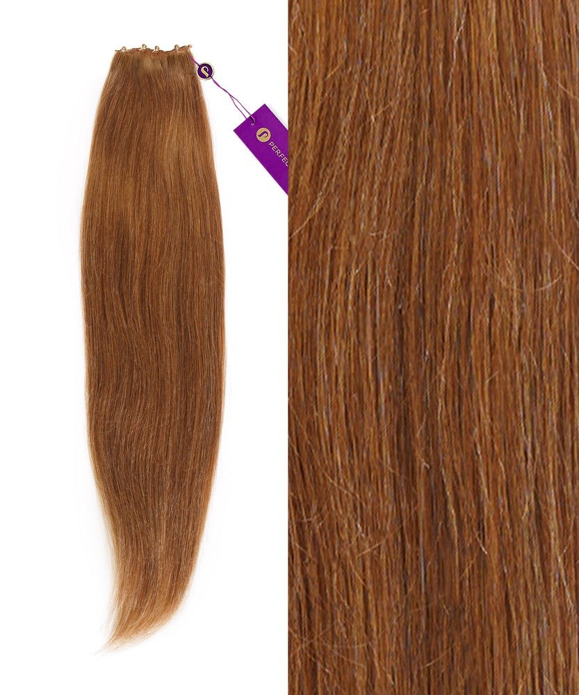 On the left is a bundle of Perfect Locks Straight Beaded Weft Rows in golden brown, with a close-up on the right showing silky texture. A purple tag is attached to the bundle.#color_golden-brown-(6)