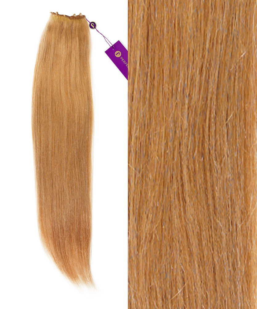 A bundle of Perfect Locks Straight Beaded Weft Rows in honey blonde, shown close-up to highlight the smooth texture, with a small purple tag at the top.#color_honey-blonde-(27)
