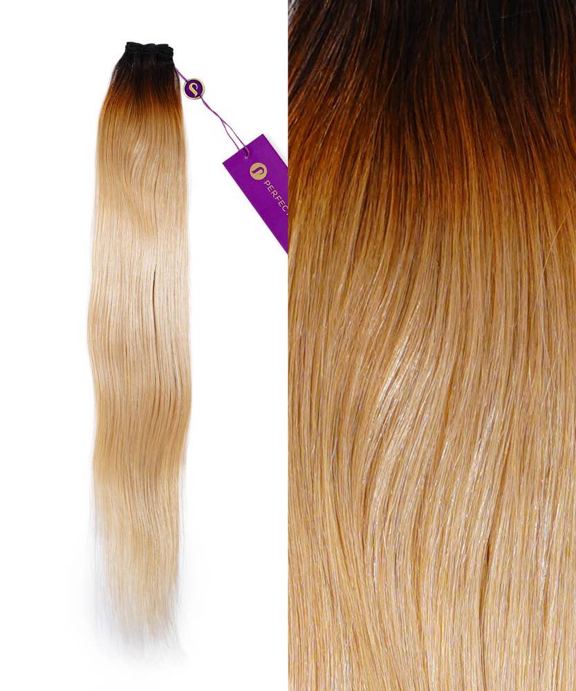 The Perfect Locks Straight Hand-Tied Weft Rows (2oz) in Caramel Blonde Highlights, long Remy hair, full and close-up views.#color_rooted-toasted-blonde-(2/613)