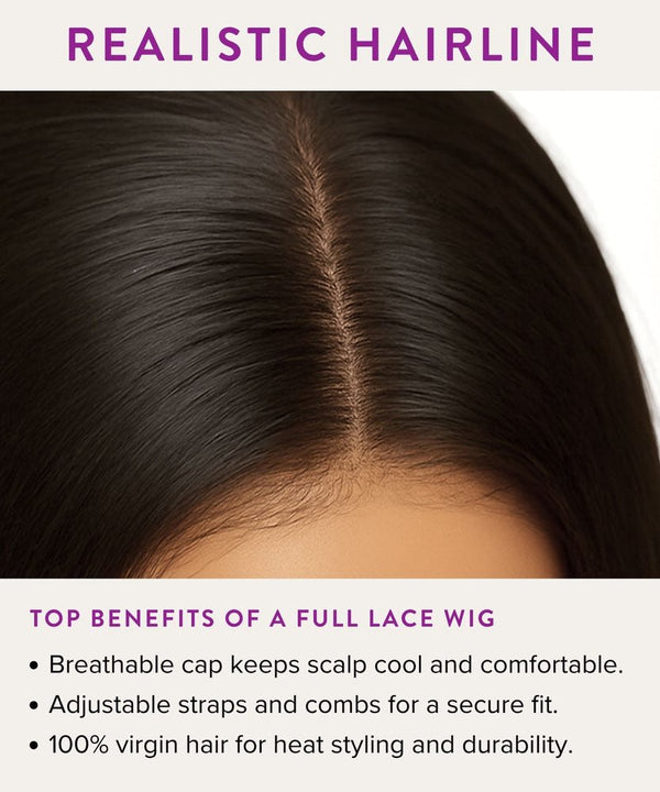 Realistic hairline of a full lace wig with text highlighting benefits.