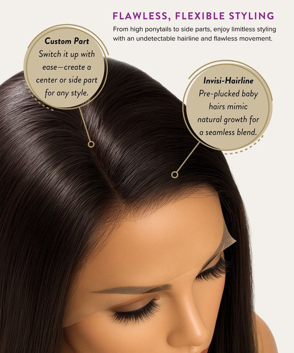 Woman with styled hair featuring customizable parting options and invisible hairline.