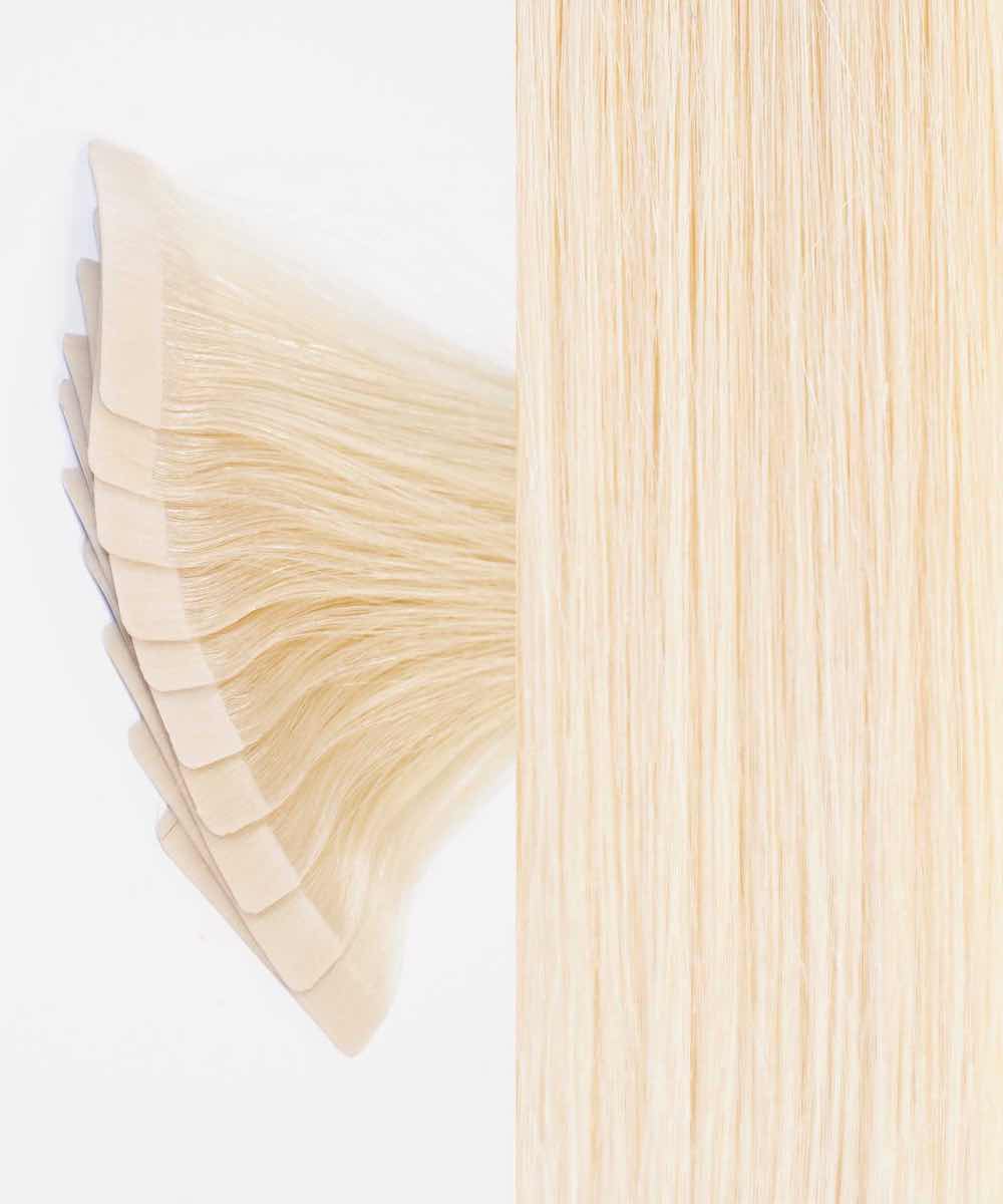 Close-up of Perfect Locks Straight Classic Tape-In Hair Extensions in Platinum Blonde with fanned-out wefts on the left and smooth, straight Remy human hair texture on the right against a white background.#color_ash-blonde-(60)