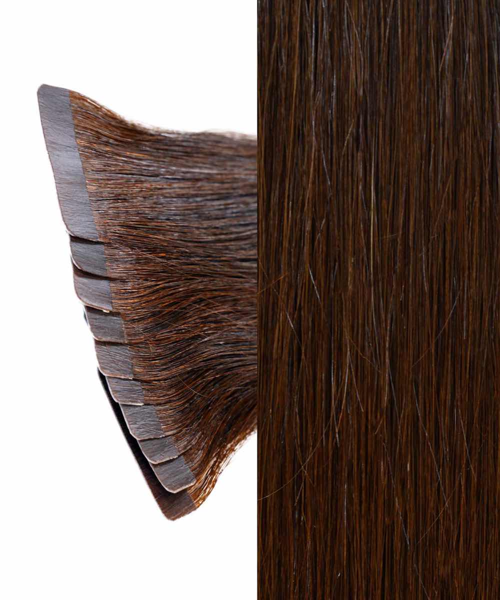 Close-up of Perfect Locks Straight Classic Tape-In Hair Extensions in Chocolate Brown, with stacked adhesive tape wefts and smooth strands.#color_chocolate-brown-(3)