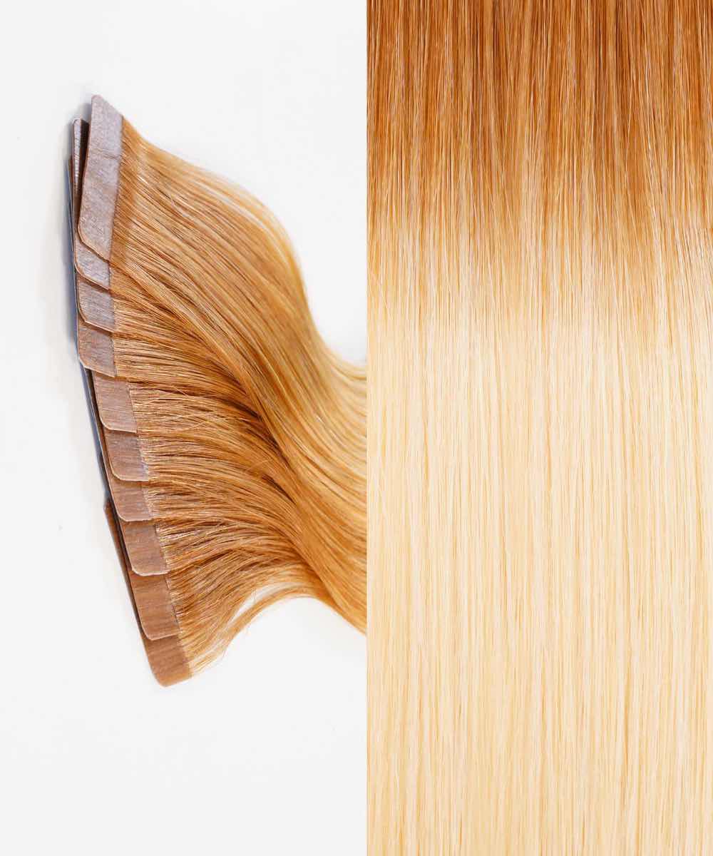 Close-up of Perfect Locks Straight Classic Tape-In Hair Extensions in rooted cocoa ash blonde, gradient from light brown to blonde with tape-in strips on the left.#color_rooted-cocoa-ash-blonde-(18/60)