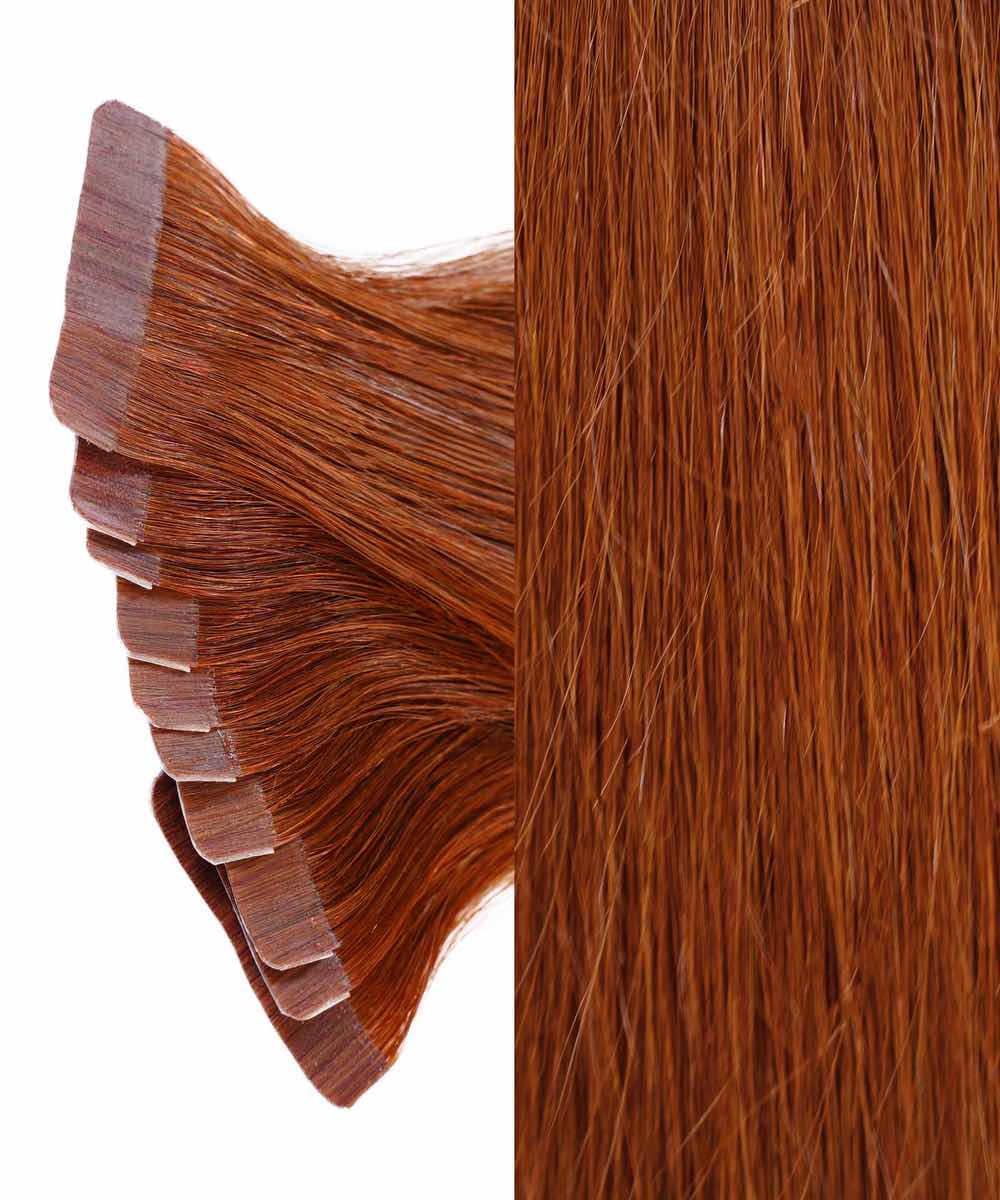 Close-up of Perfect Locks Straight Classic Tape-In Hair Extensions in Ash Blonde with adhesive tabs left, smooth hair right.#color_dark-auburn-(33)