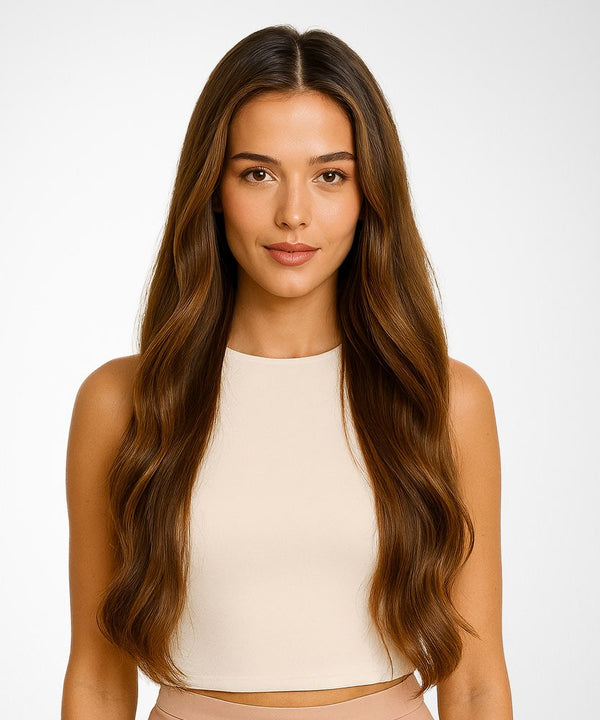Woman with long, wavy brown hair wearing a beige top on a white background