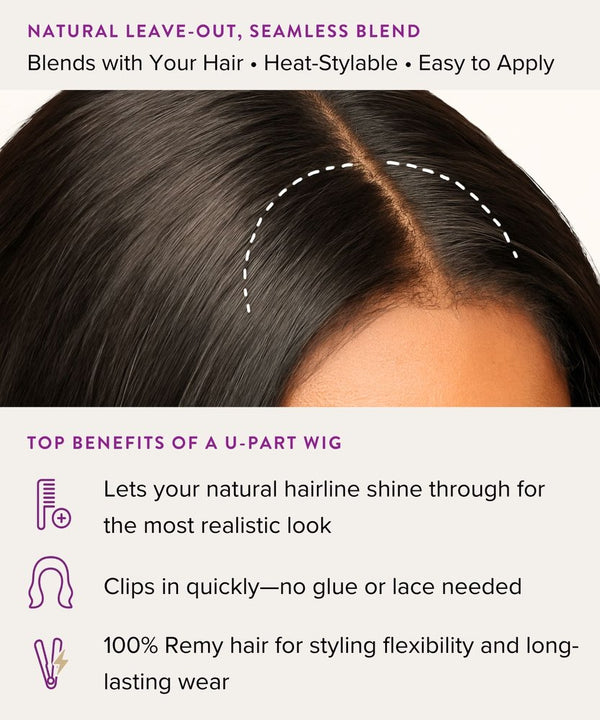 U-part wig with text highlighting benefits on a white background