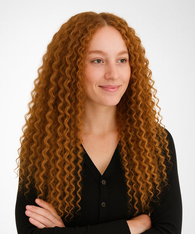 Woman with long, wavy red hair wearing a black shirt against a white background#color_golden-brown-(6)