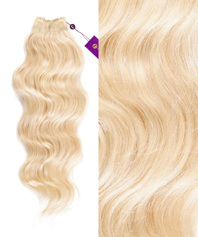 Perfect Locks Wavy Beaded Weft Rows in platinum blonde with waves shown left, close-up right highlights soft, shiny strands.#color_platinum-blonde-(613)