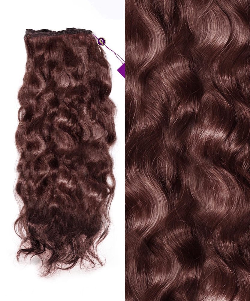 On the left is a bundle of Perfect Locks Wavy Colored Hair Machine Weft in chocolate brown; right, a close-up of its shiny, wavy texture.#color_chocolate-brown-(3)