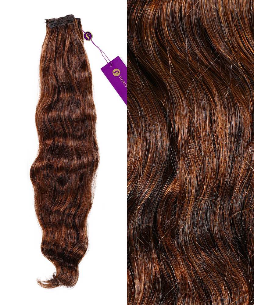 Perfect Locks Wavy Hand-Tied Weft Rows (2oz) in Golden Brown : full bundle on left, close-up of wavy texture on right.#color_chocolate-brown-(3)