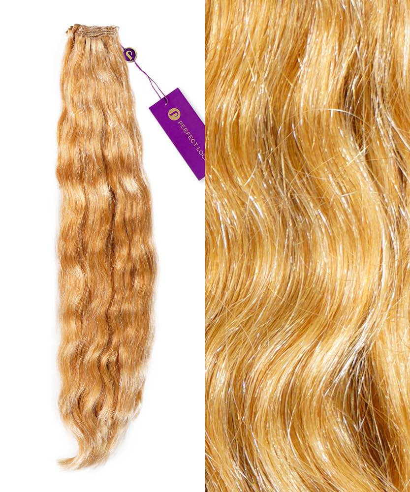 Perfect Locks Wavy Hand-Tied Weft Rows (2oz) in Dark Auburn on left, close-up of shiny, soft waves on right.#color_honey-blonde-(27)