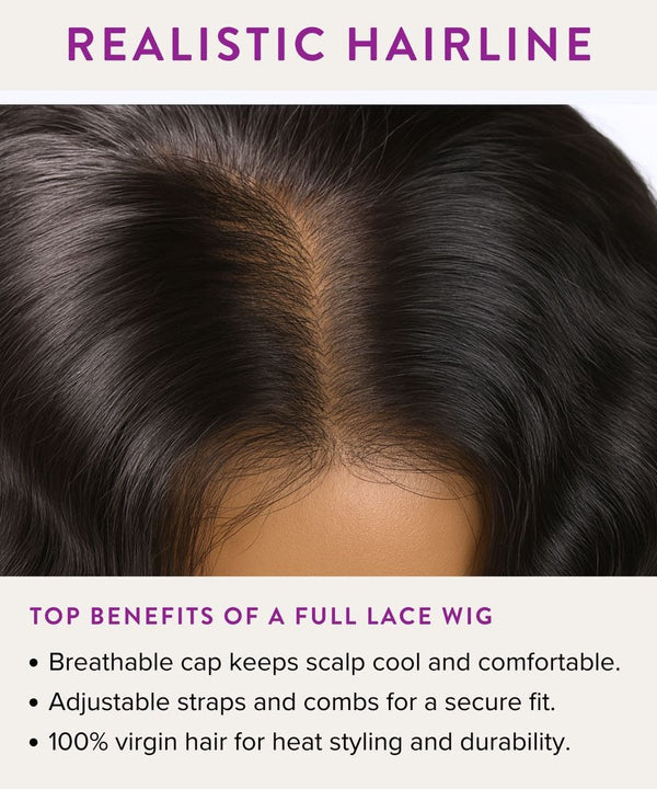 Close-up of a full lace wig with a realistic hairline, highlighting benefits on a beige background.