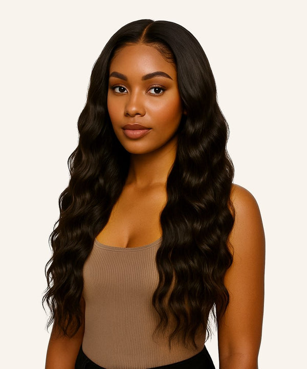 Woman with long, wavy hair wearing a beige top on a plain background