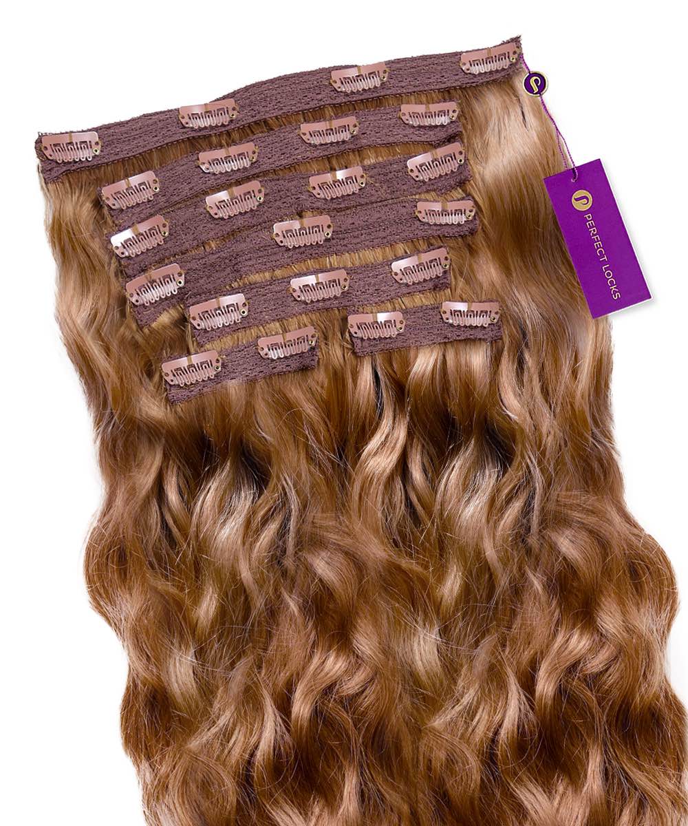 A set of Perfect Locks Wavy Classic Clip-In Hair Extensions in Golden Brown arranged in a fan shape, clips at the top, purple brand tag.#color_golden-brown-(6)
