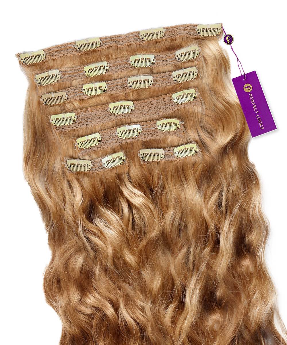 Perfect Locks Wavy Classic Clip-In Hair Extensions in Golden Brown shown flat with metal clips at the top and a purple tag.#color_honey-blonde-(27)