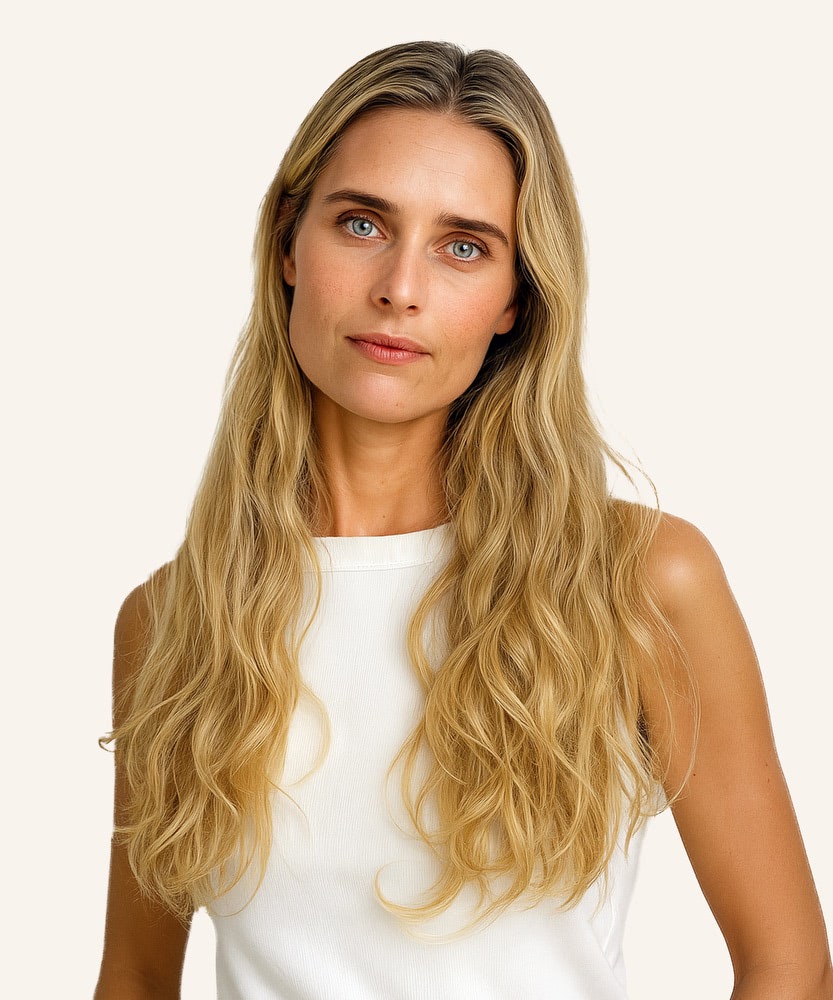 A woman with long wavy chocolate brown hair and blue eyes wears a sleeveless white top, looking at the camera with a neutral expression.#color_honey-blonde-(27)