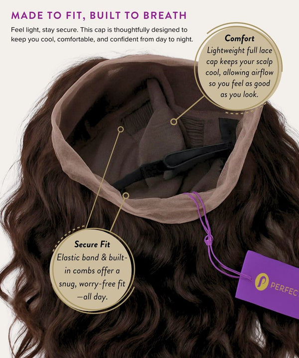 Hair cap with text on comfort and fit, featuring the Perfect Locks brand.