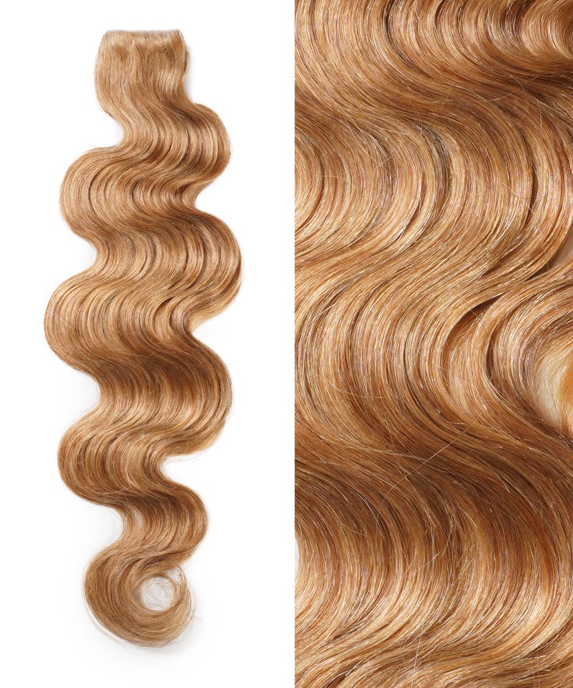 Perfect Locks Wavy Seamless Tape In Weft in Honey Blonde on the left; right close-up shows its silky, shiny, wavy texture.#color_honey-blonde-(27)