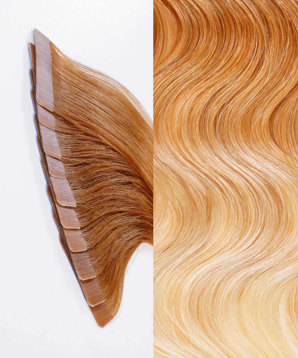 Two sections of Perfect Locks Wavy Classic Tape-In Hair Extensions in Dark Auburn are side by side, showing smooth waves and discreet tabs.#color_honey-blonde-ombre-(12/27/613)