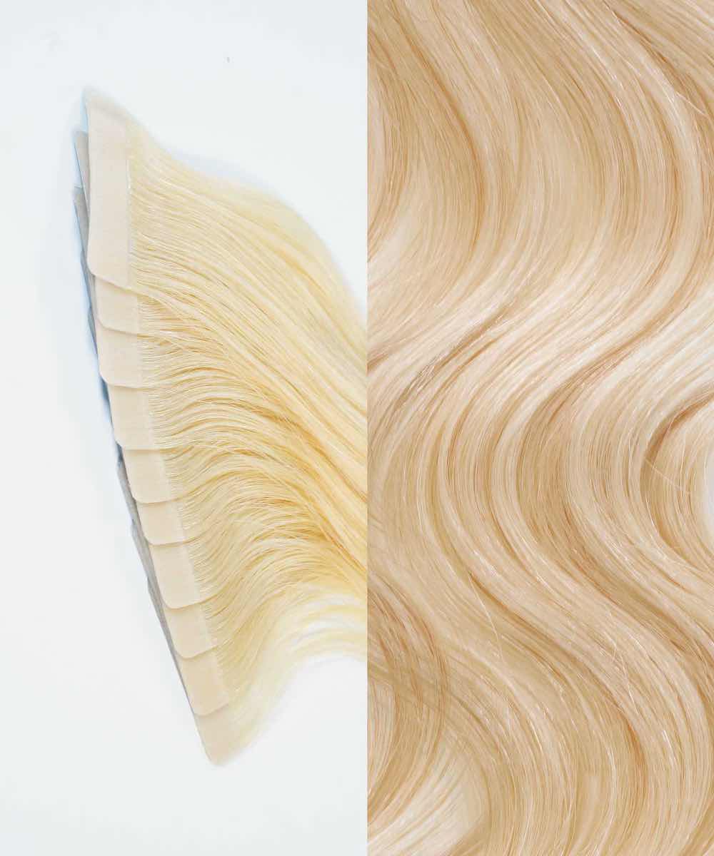 Perfect Locks Wavy Classic Tape-In Hair Extensions in Golden Brown showcase smooth, shiny waves, highlighting quality and natural look.#color_platinum-blonde-(613)