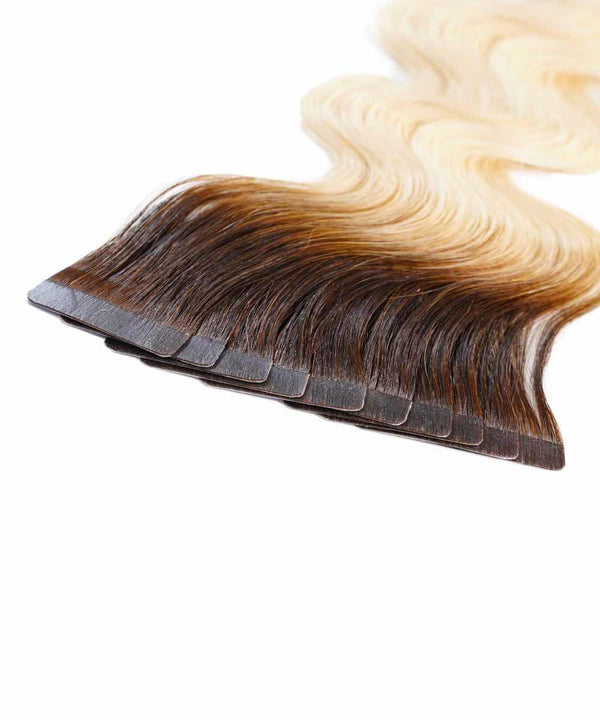 rooted white chocolate (2/60) wavy tape in hair extensions by Perfect Locks
