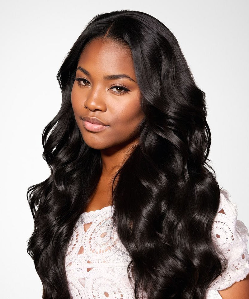 Woman with long, wavy black hair wearing a white lace top against a light gray background#color_natural-black-(1B)