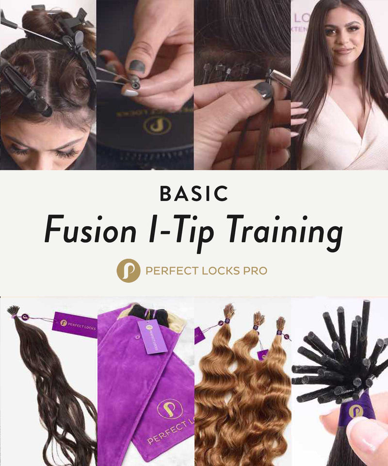 A collage showcases Perfect Locks Pro I-tip hair extension training, featuring hair sectioning, extension application, finished straight hair, and bundles of extensions.