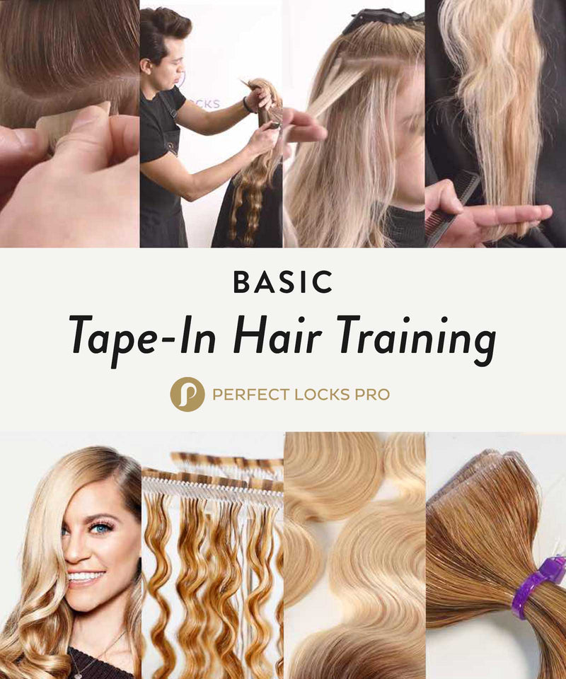 A collage featuring tape-in hair extension application, a smiling woman with long extensions, close-ups of extension products, and the text Basic Tape-In Hair Training, Perfect Locks Pro in the center.