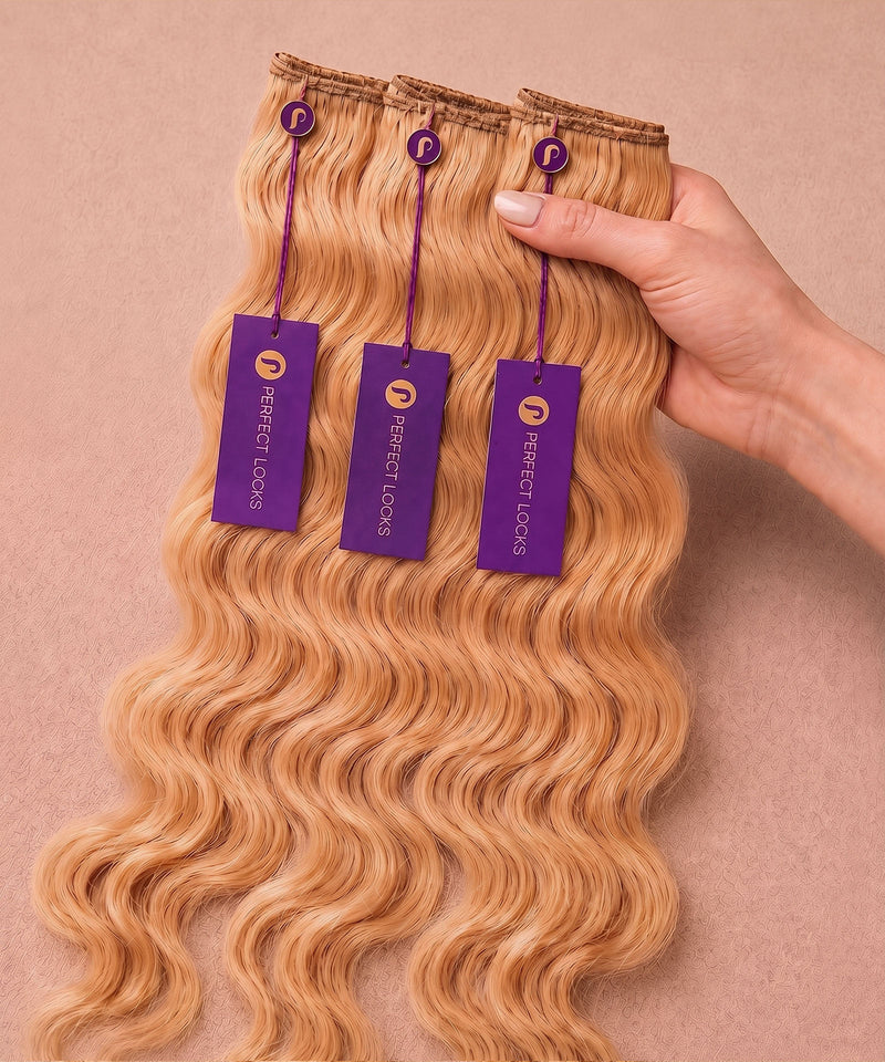 Hand holding three wavy golden blonde hand-tied weft hair extension packs with Perfect Locks tags