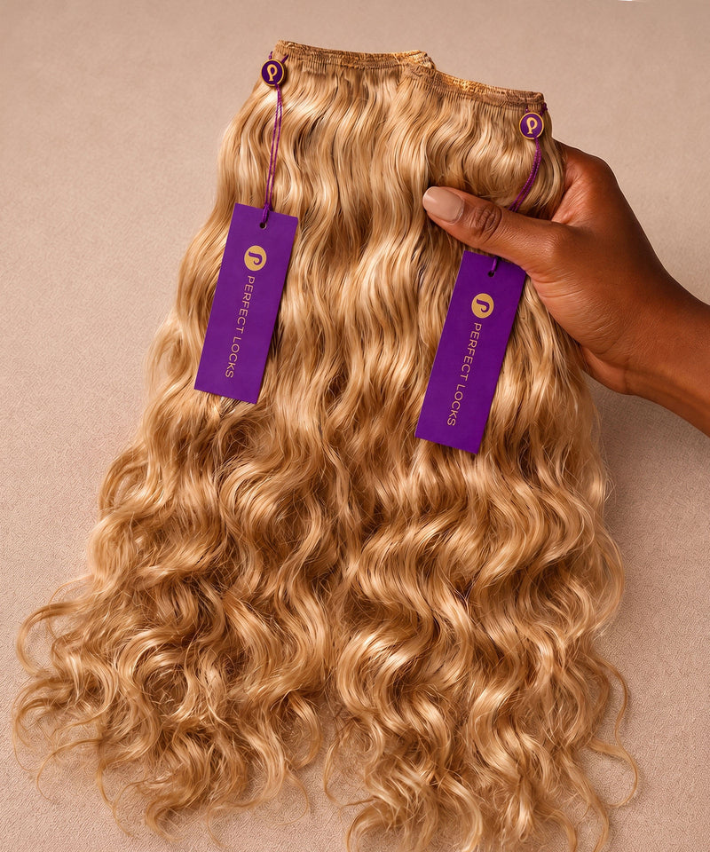 Hand holding two wavy honey blonde machine weft hair extension packs with sewn weft tracks and Perfect Locks tags