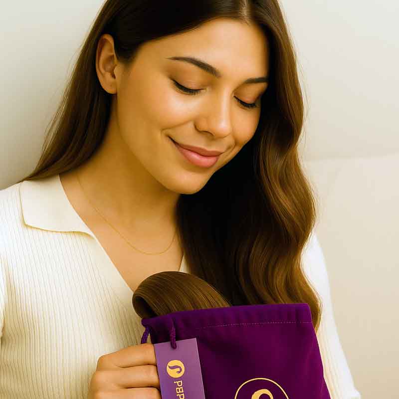 Woman holding a purple hair product bag with a hair extension
