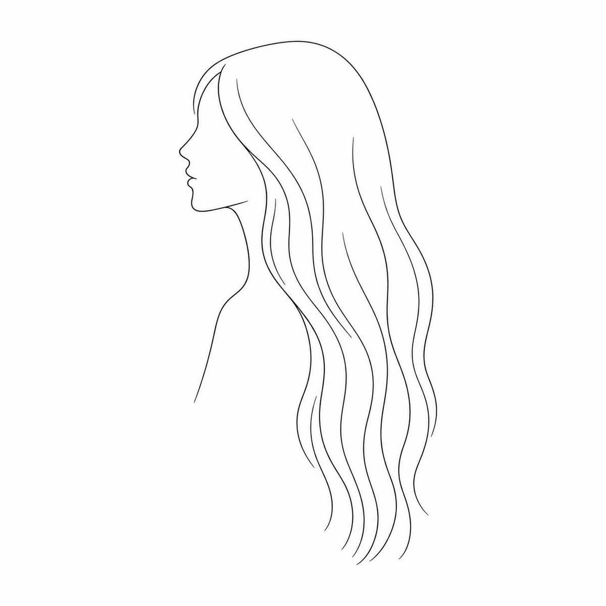 Line illustration of a woman in profile with long hair flowing to the waist