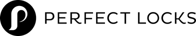 Logo for Perfect Locks featuring a bold black circle with a stylized white P on the left, complemented by the words PERFECT LOCKS in elegant, uppercase black letters on a light background for a sleek, modern look.