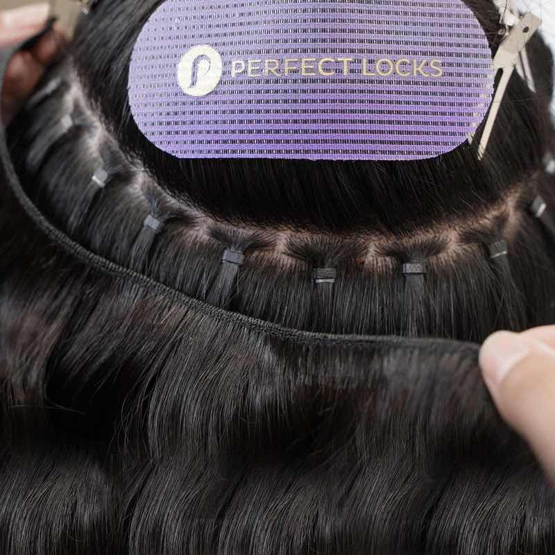 Step 3: Measure the weft. Align the machine weft to a clean foundation to measure and determine where to ...