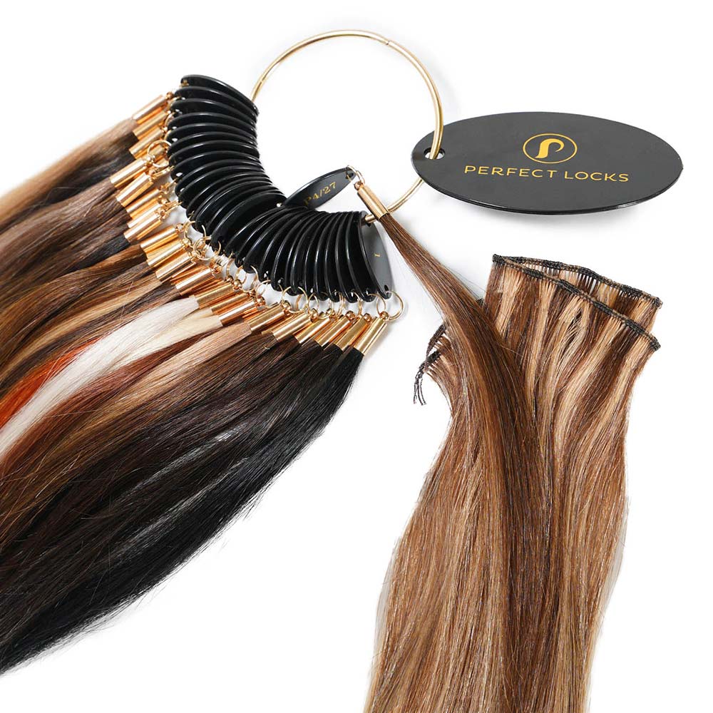 A ring of hair color swatches in blonde, brown, and black shades features a Perfect Locks tag and attached hair extensions for color matching.