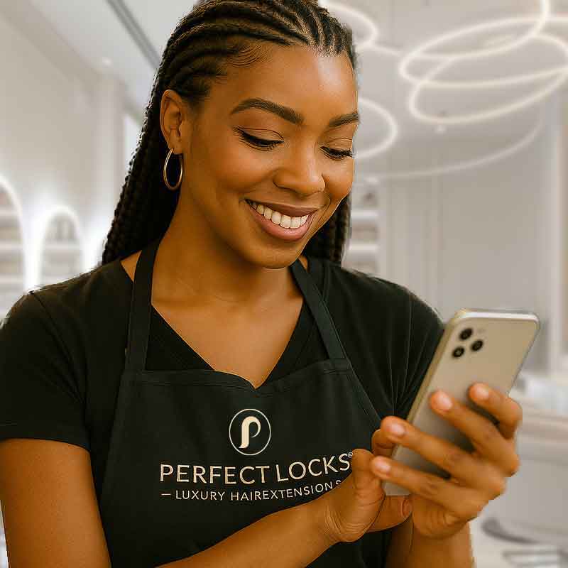 Woman wearing a 'Perfect Locks' apron using a phone in a modern interior setting