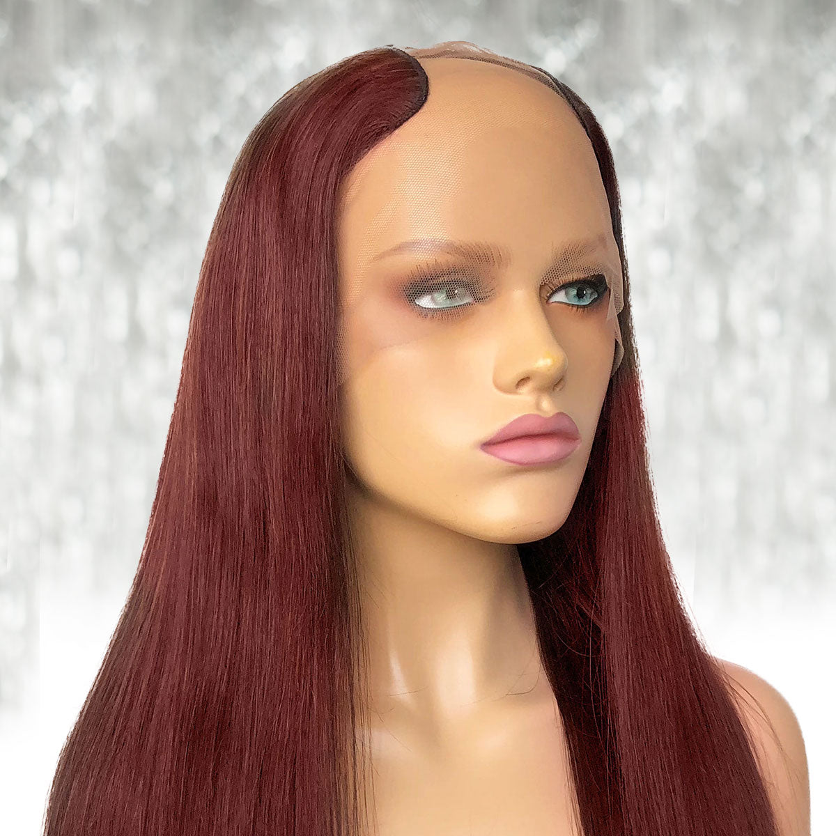 dark auburn u part wig with straight texture